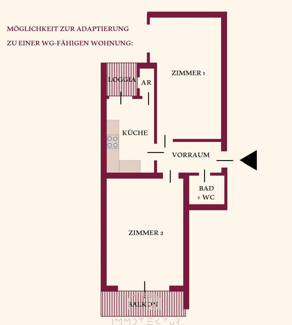Adaptierbarer Grundriss für eine WG-fähige Wohnung mit zwei Zimmern und Loggia.