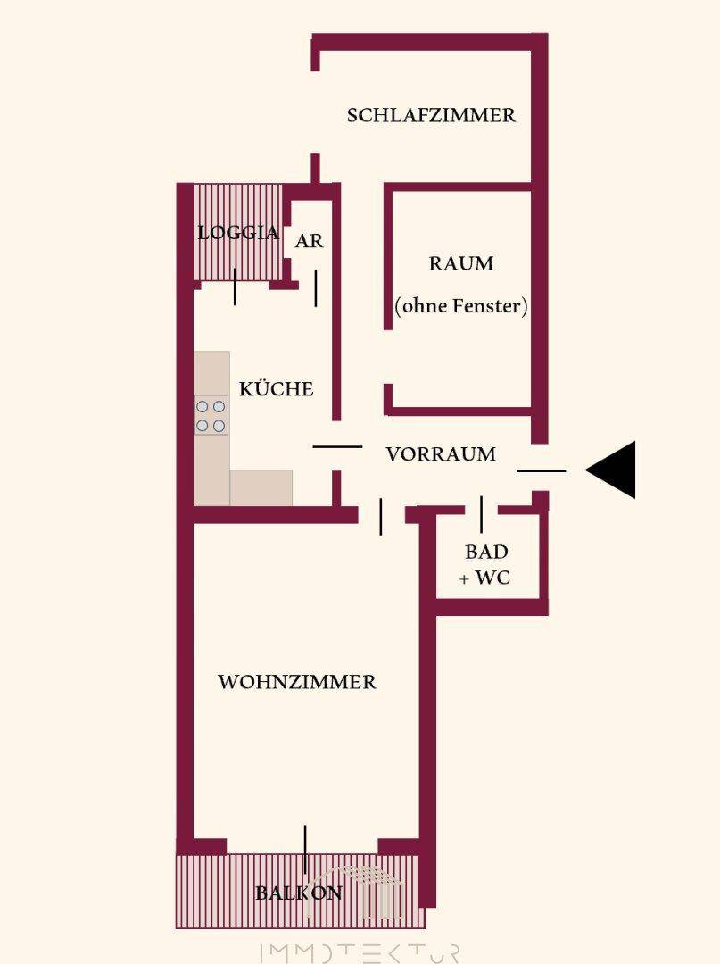 Grundriss der Wohnung mit Wohnzimmer, Schlafzimmer, Küche, Bad und Loggia.