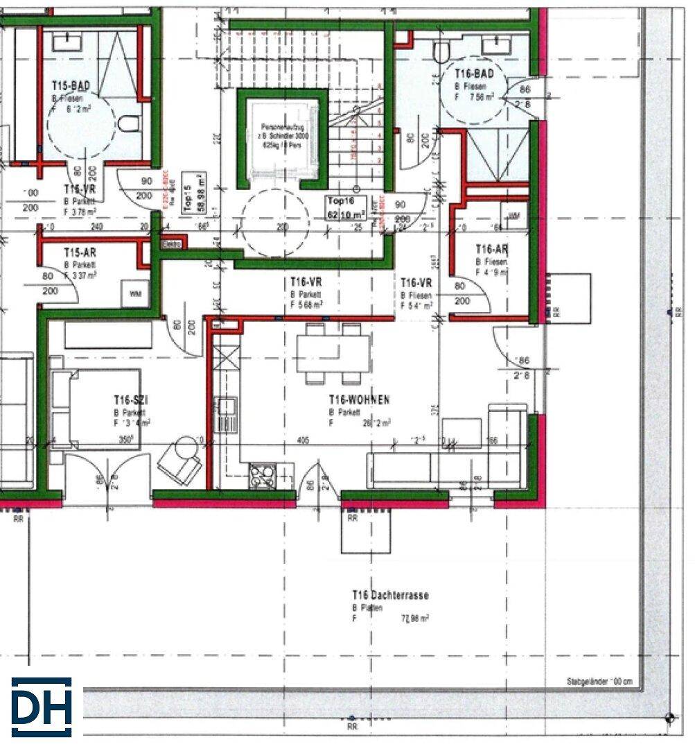 Detaillierter Grundriss einer Wohnung mit offenem Wohnbereich, zwei Bädern und großer Dachterrasse.