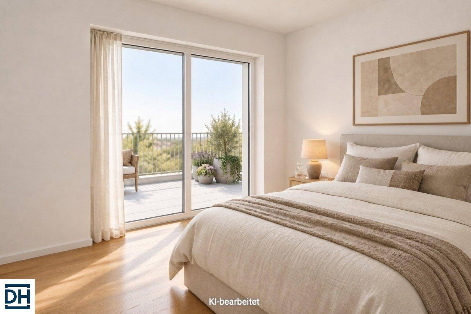 Modernes Schlafzimmer mit hellem Parkettboden, großem Fenster und Zugang zu einem sonnigen Balkon.