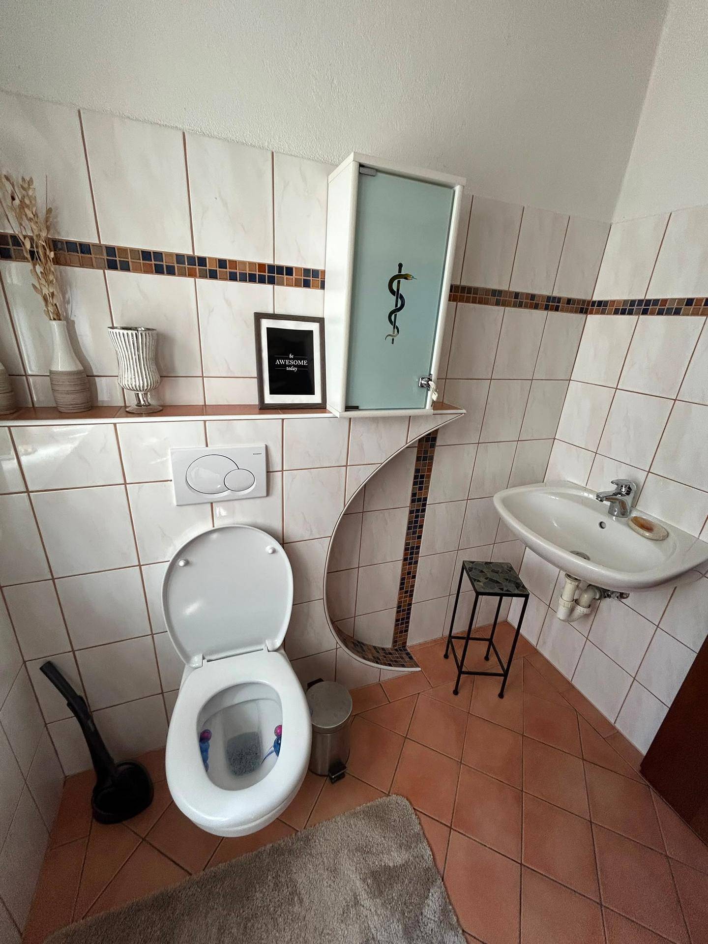 Kleines Gäste-WC mit Terrakotta-Fliesen, Wand-WC und Waschbecken.