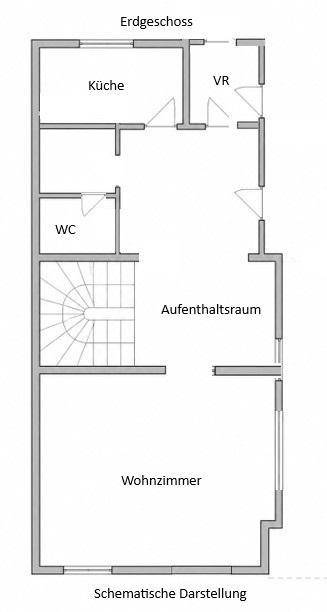 Grundriss des Erdgeschosses mit Küche, Wohnzimmer und separatem Aufenthaltsraum.