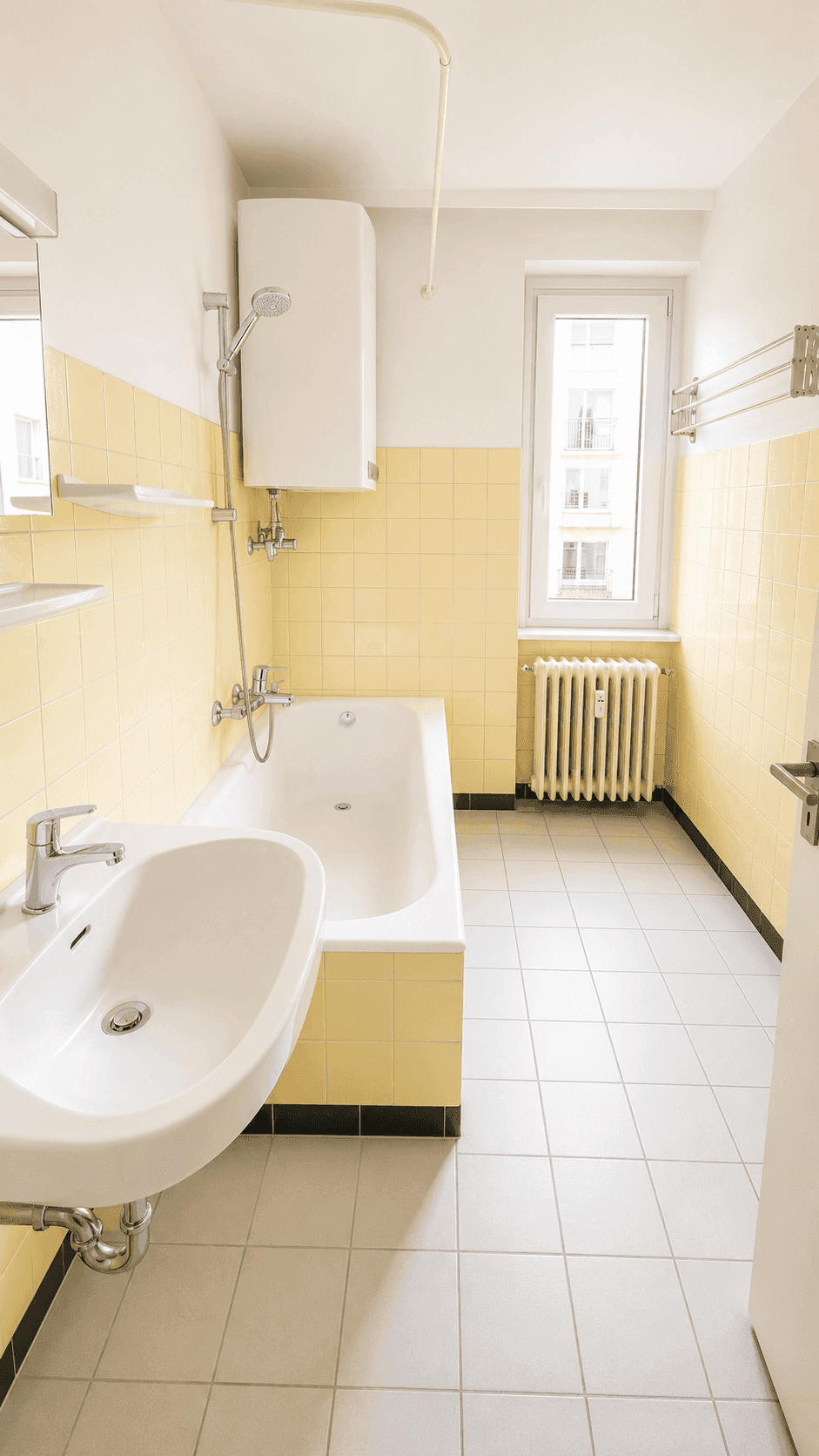 Badezimmer mit gelben Fliesen, Badewanne, Waschbecken und einem Fenster für Tageslicht.