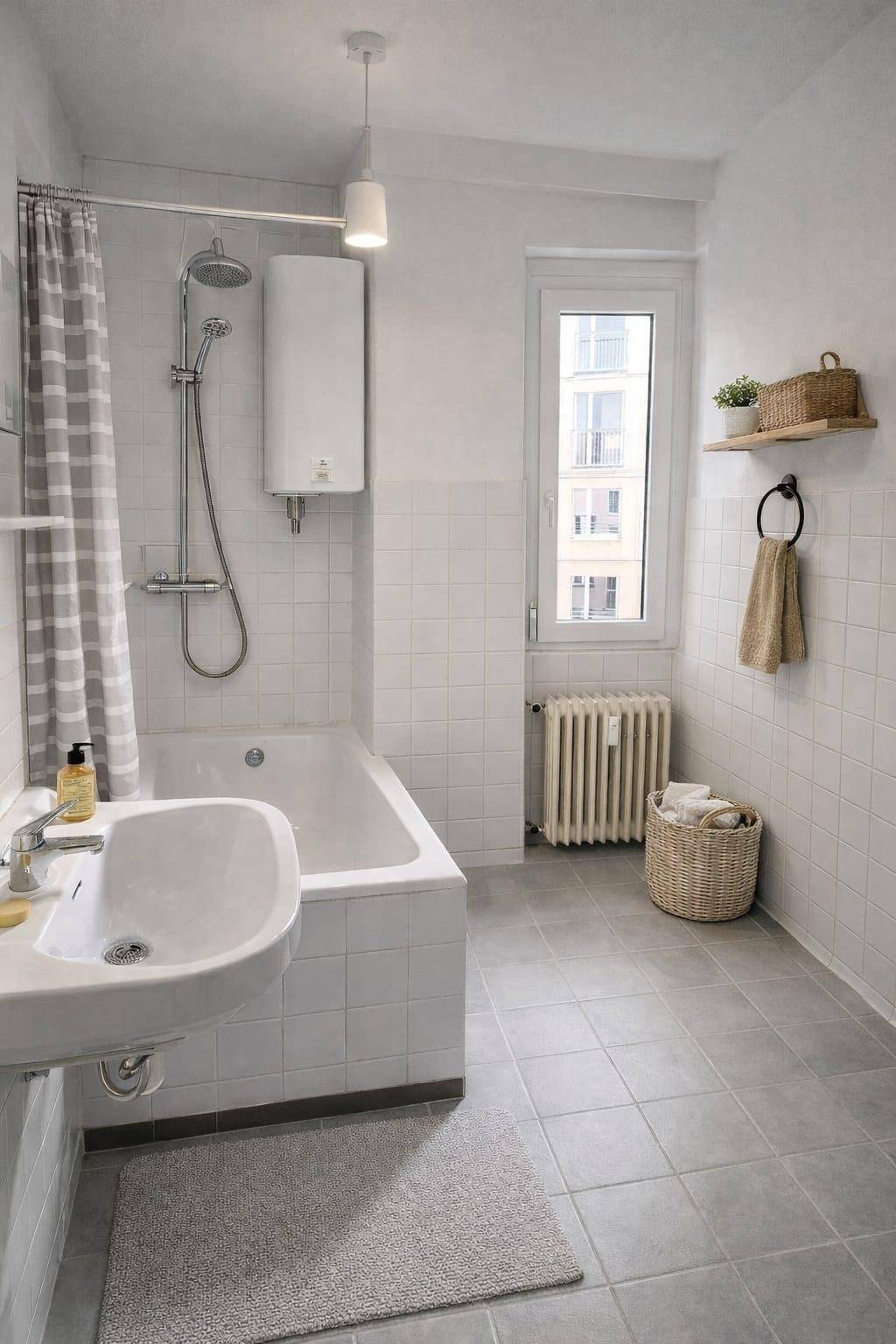 Helles Badezimmer mit Badewanne, integrierter Dusche und Fenster, ausgestattet mit weißen Fliesen.