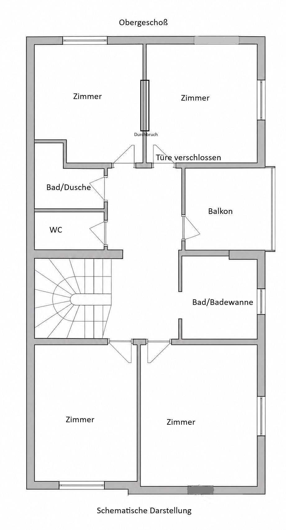 Grundriss des Obergeschosses mit mehreren Zimmern, zwei Bädern und einem Balkon.