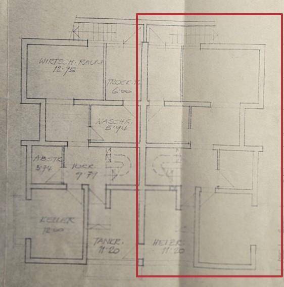 Grundriss des Kellergeschosses mit Wirtschaftsraum, Trockenraum, Waschraum und Heizraum.