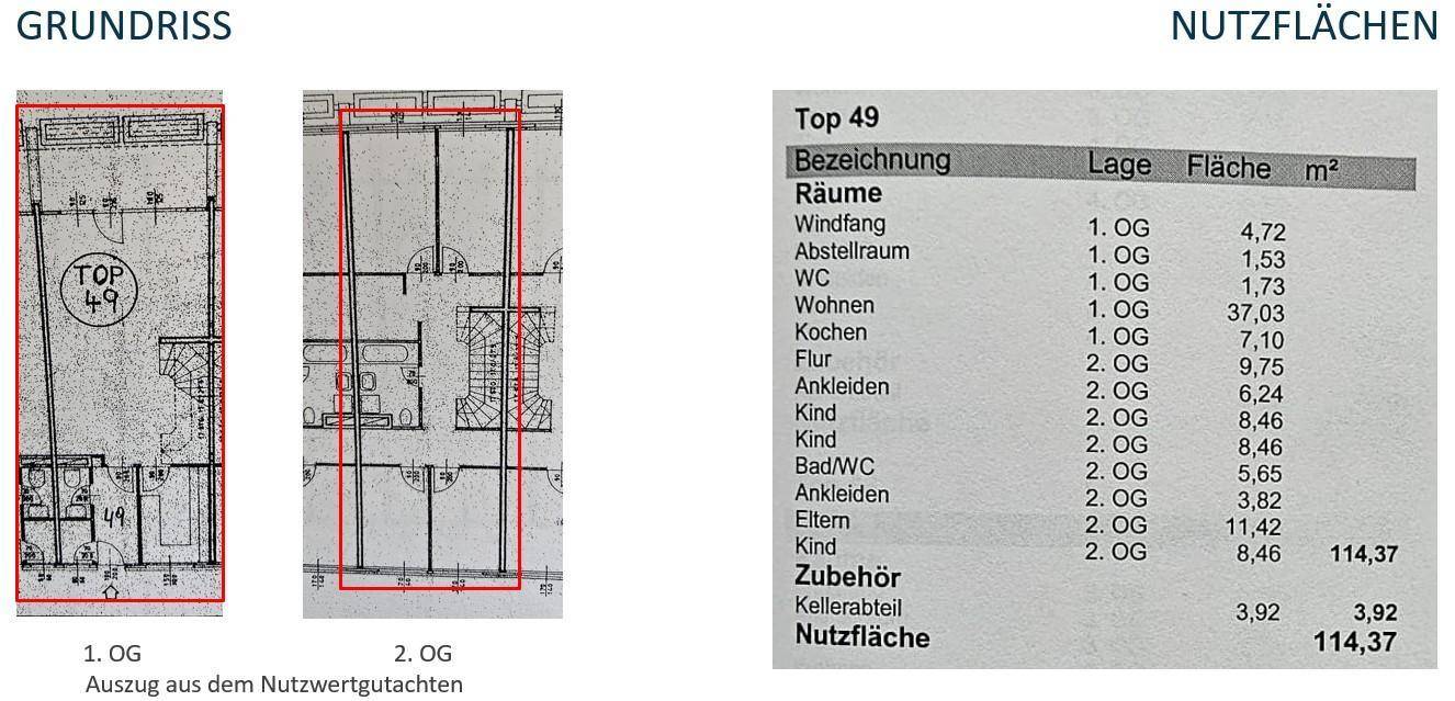 Grundrisspläne für das erste und zweite Obergeschoss sowie eine Tabelle der Nutzflächen.
