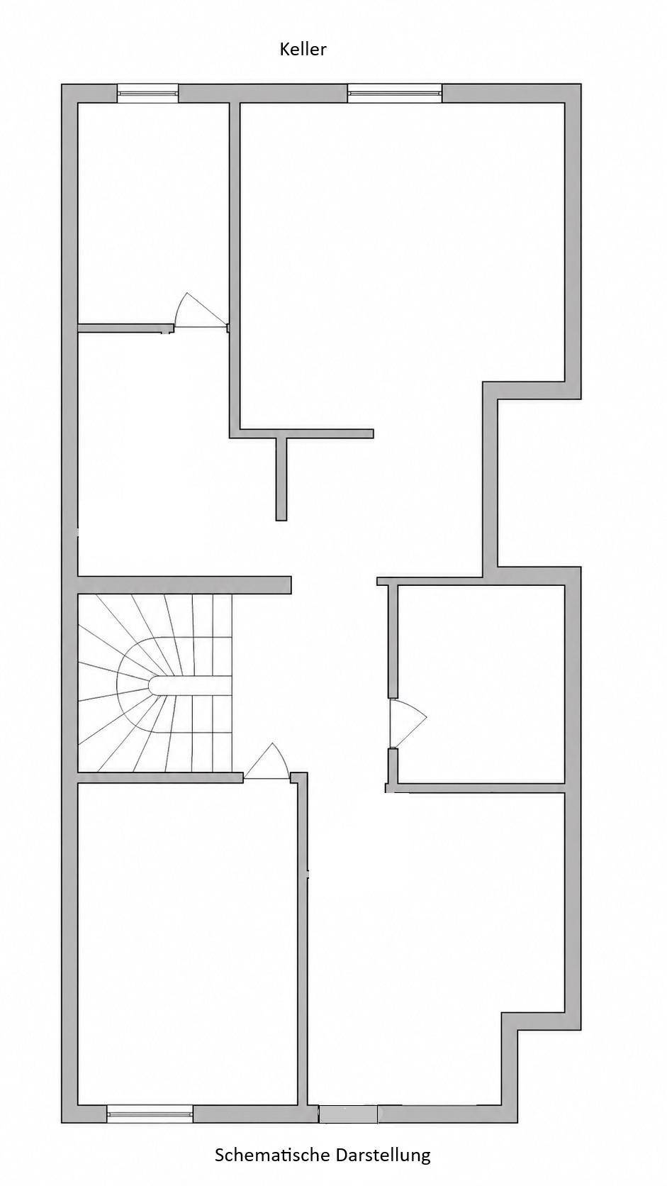 Grundriss des Kellers mit Treppenaufgang und mehreren Abstellräumen.