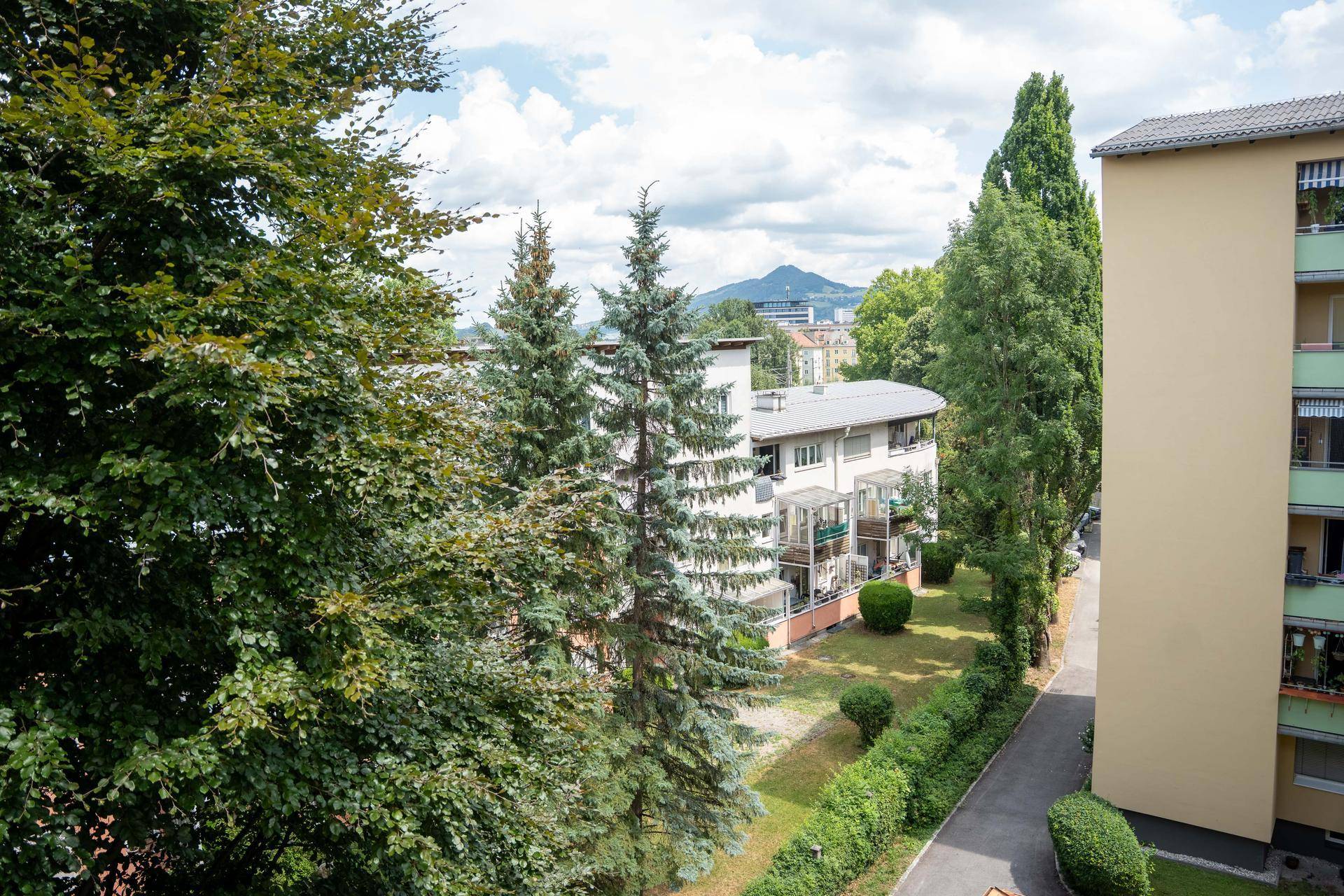 Weitläufiger Blick auf Wohngebäude, grüne Bäume und eine bergige Landschaft im Hintergrund.