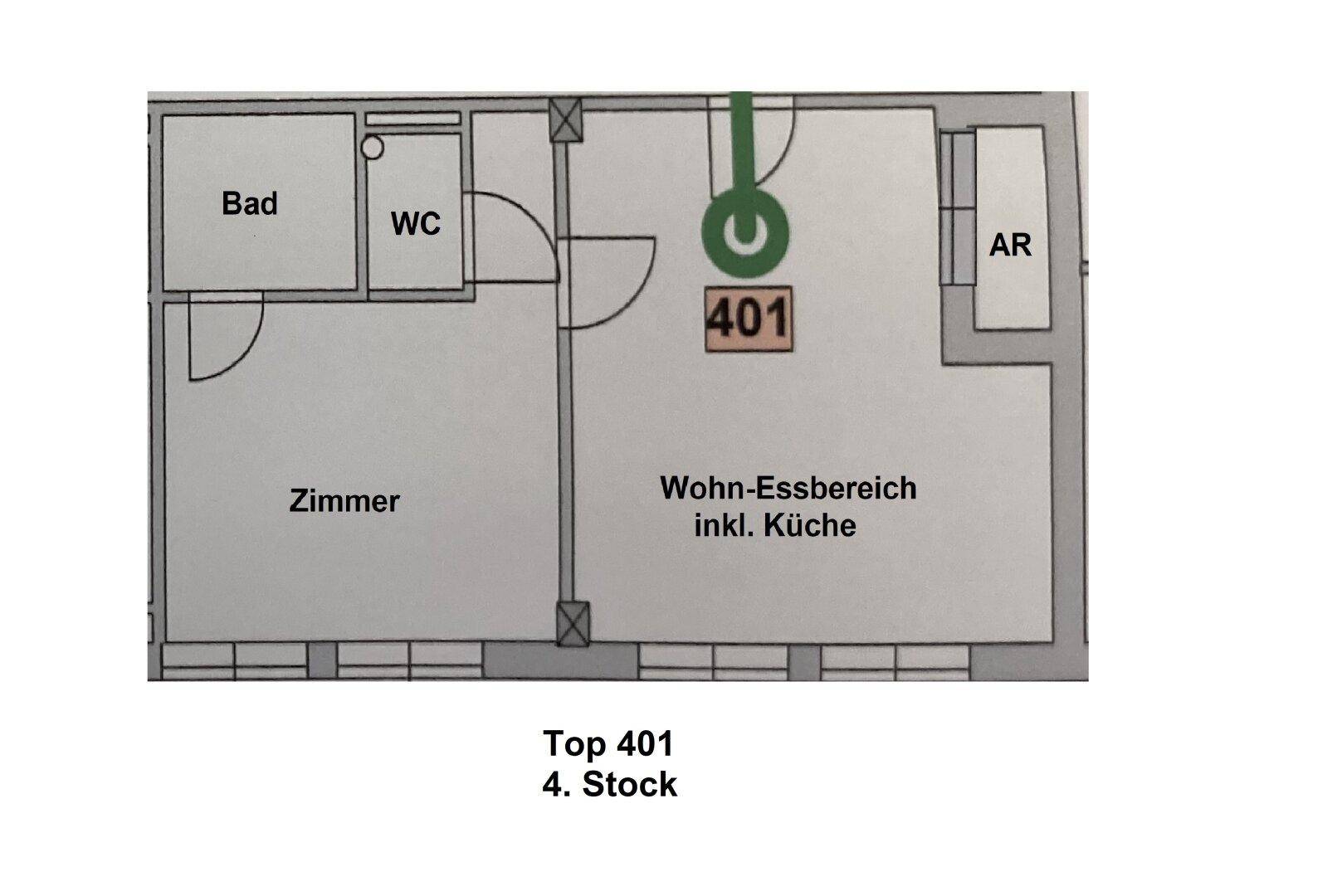 Grundriss für Top 401 im 4. Stock mit Wohn-Essbereich, Küche, Zimmer und Bad.