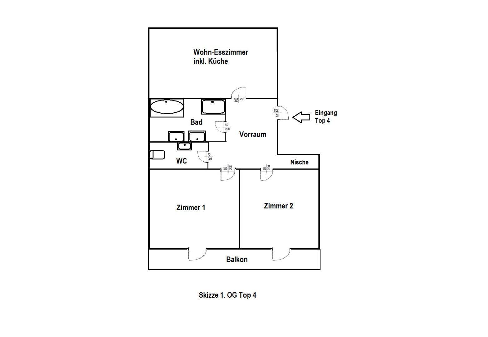 Grundriss der Wohnung Top 4 mit Wohn-Esszimmer, Küche, Bad, WC und zwei Zimmern.