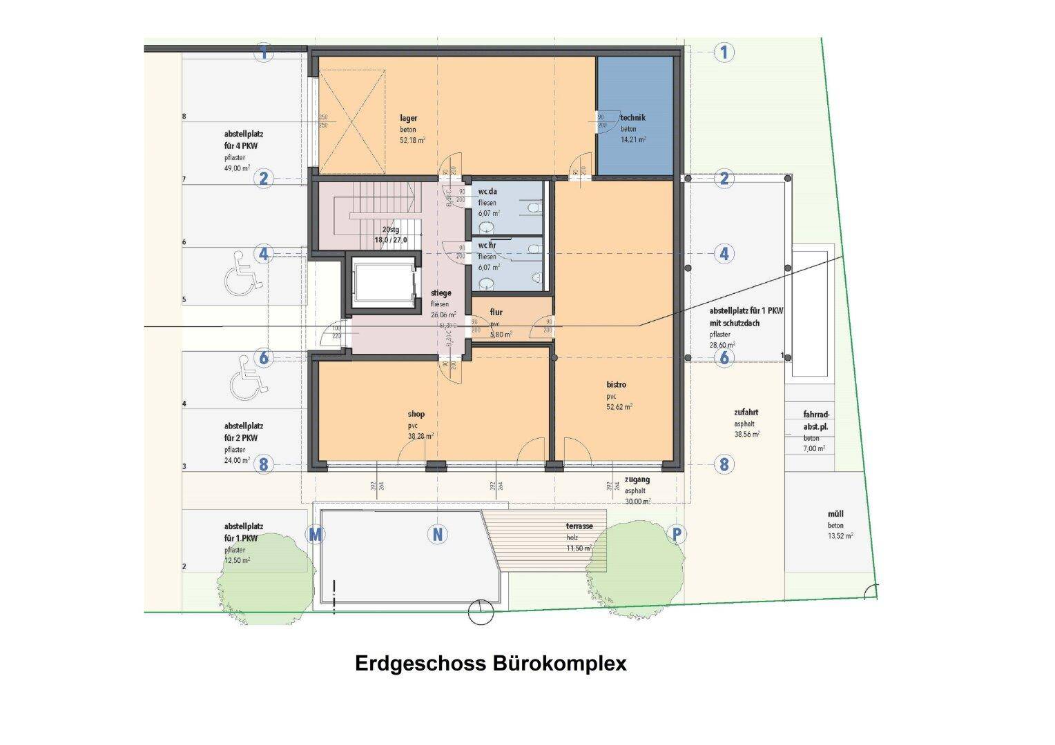 Grundriss des Erdgeschosses des Bürokomplexes mit Büros, Lager und barrierefreien Parkplätzen.