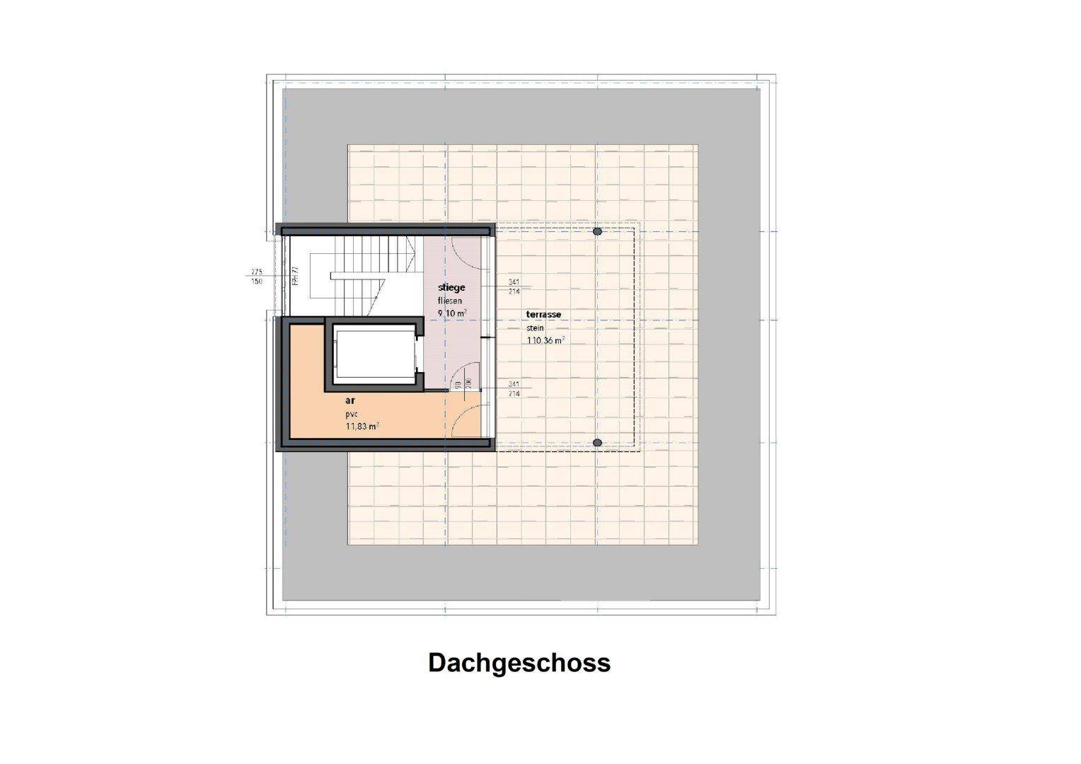 Grundriss des Dachgeschosses des Bürokomplexes mit großer Dachterrasse und Technikraum, bietet Weitblick.