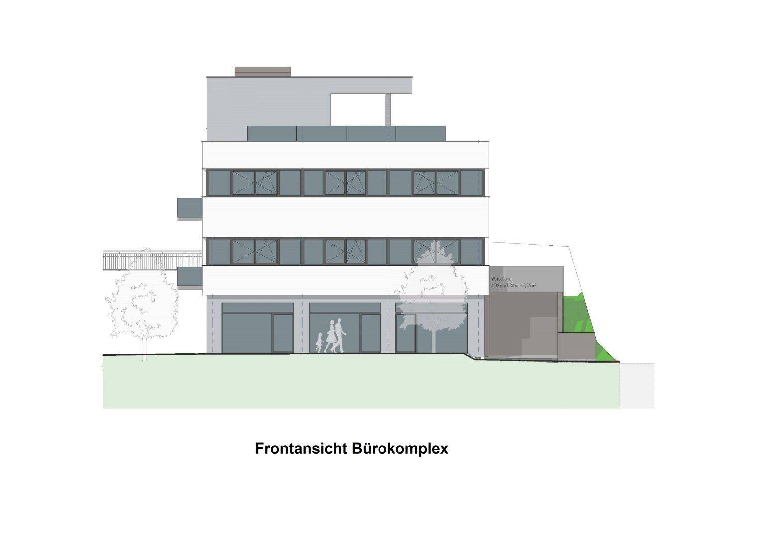 Architektonische Frontansicht eines modernen Bürokomplexes mit großen Fenstern und Dachterrasse.