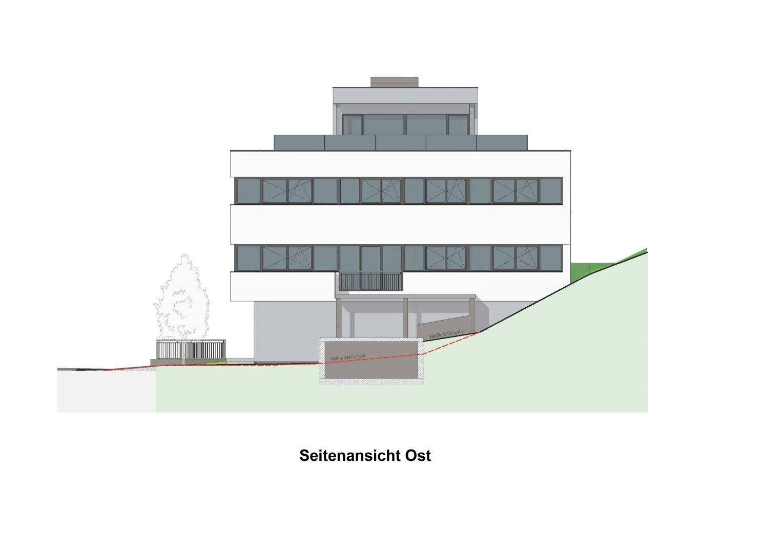 Architektonische Zeichnung der Ost-Seitenansicht des Bürokomplexes, zeigt die Hanglage und Gebäudestruktur.