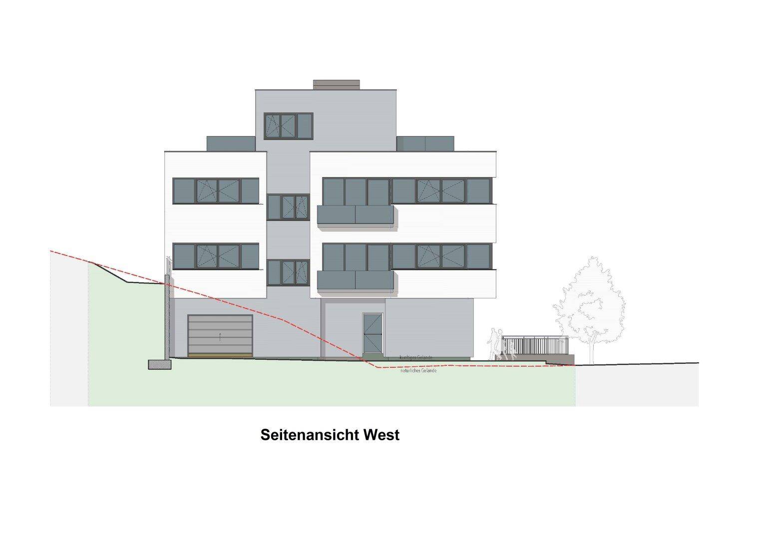 Architektonische Zeichnung der West-Seitenansicht des Bürokomplexes mit Balkonen und Garagenzugang.