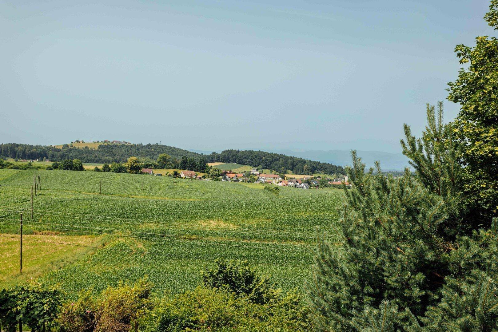 Panoramablick über sanfte Hügel, grüne Felder und eine malerische Dorflandschaft.