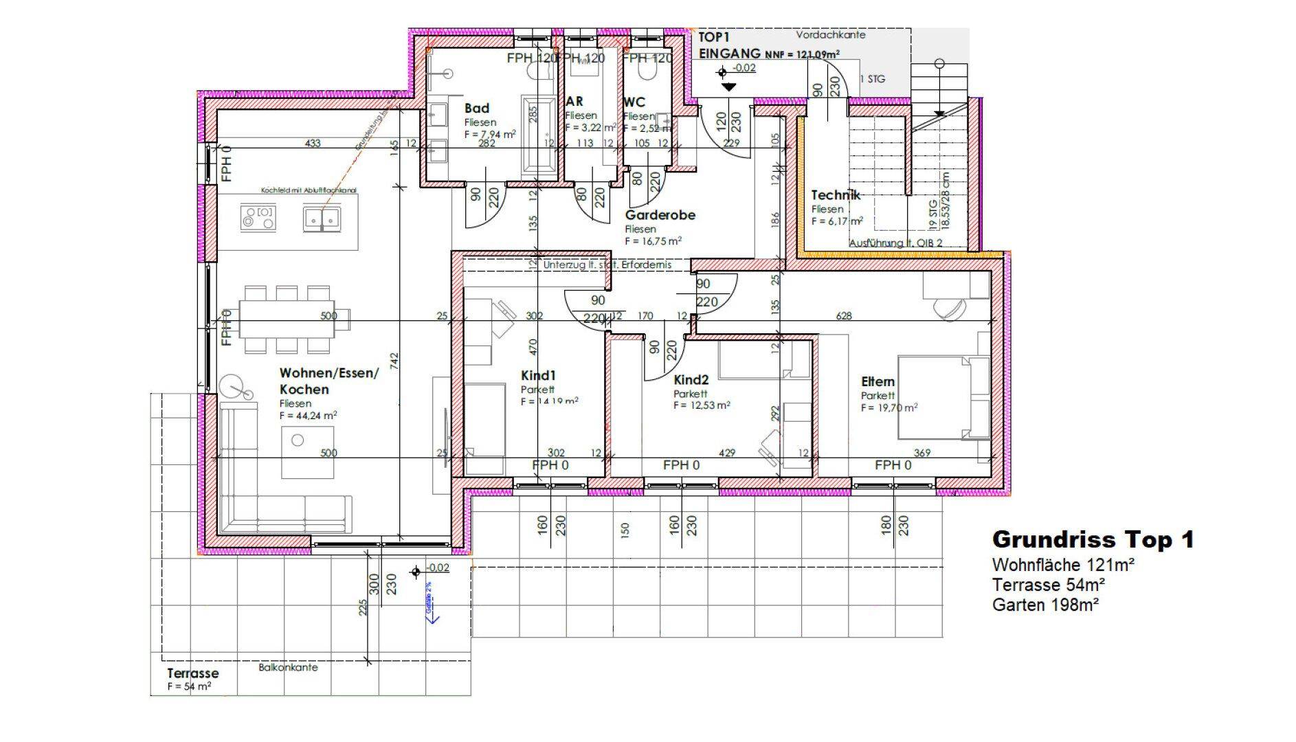 Grundriss von Top 1 zeigt Wohn-Ess-Kochbereich, drei Schlafzimmer, Bad und WC mit Terrasse.