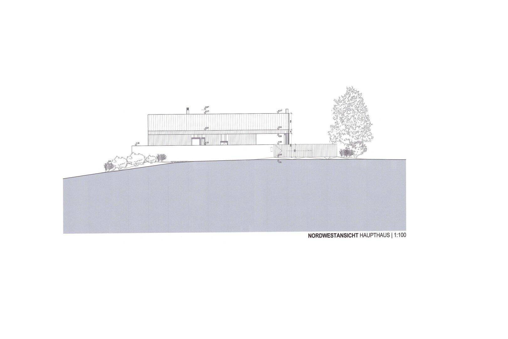 Architektonische Nordwestansicht des Haupthauses mit minimalistischem Design.