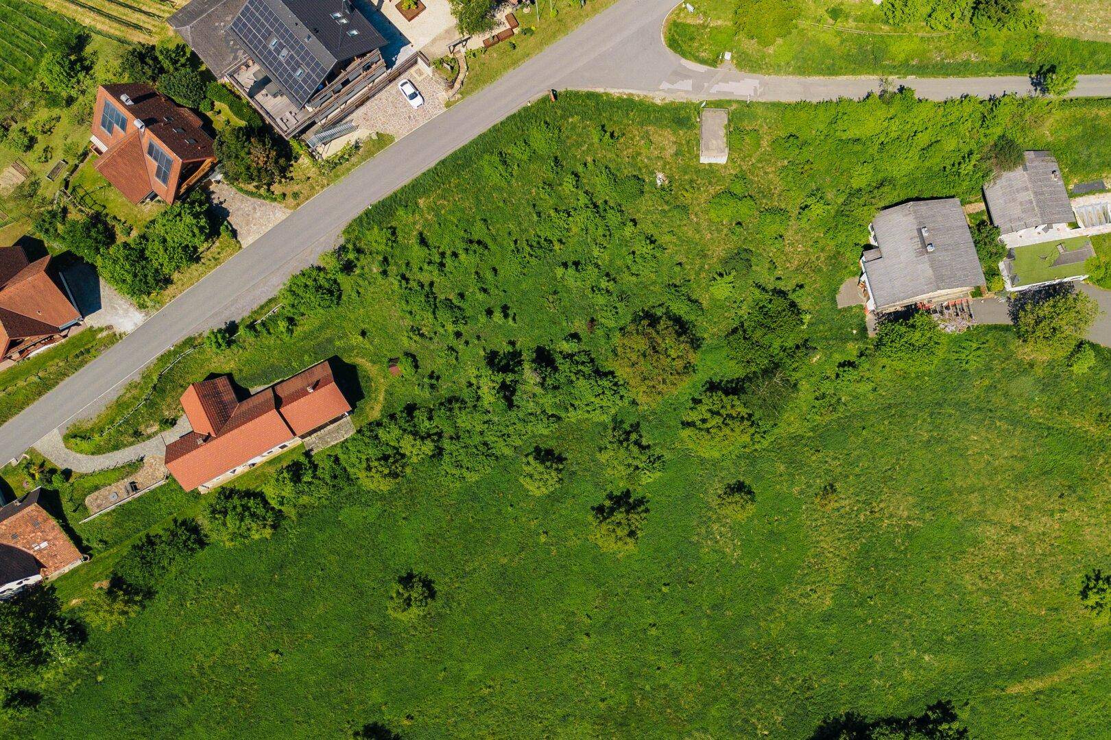 Luftaufnahme eines weitläufigen grünen Grundstücks, umgeben von Straßen und Wohngebäuden in ländlicher Lage.