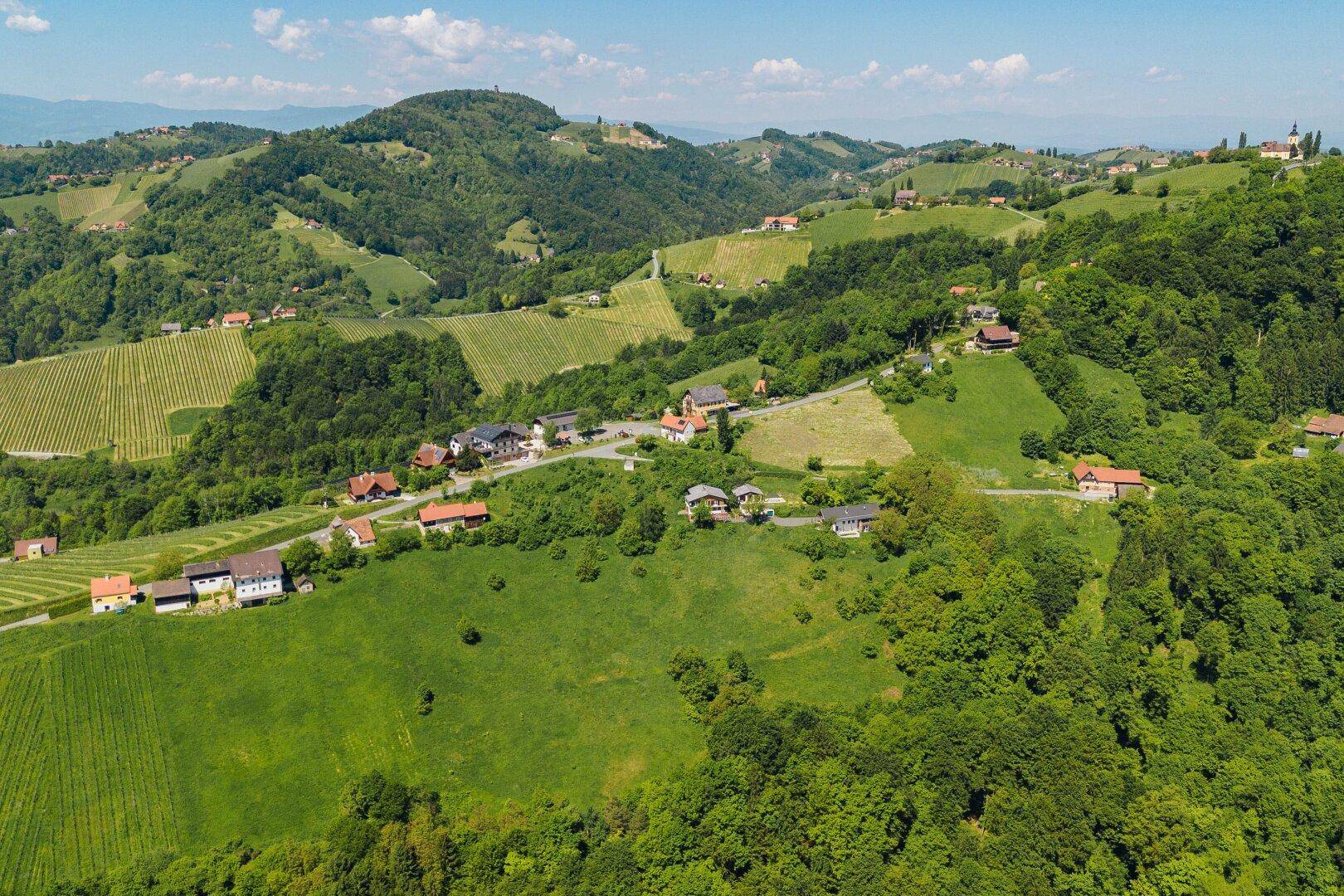 Weitläufige Luftaufnahme eines Dorfes, eingebettet in eine grüne, hügelige Landschaft mit zahlreichen Weinbergen.