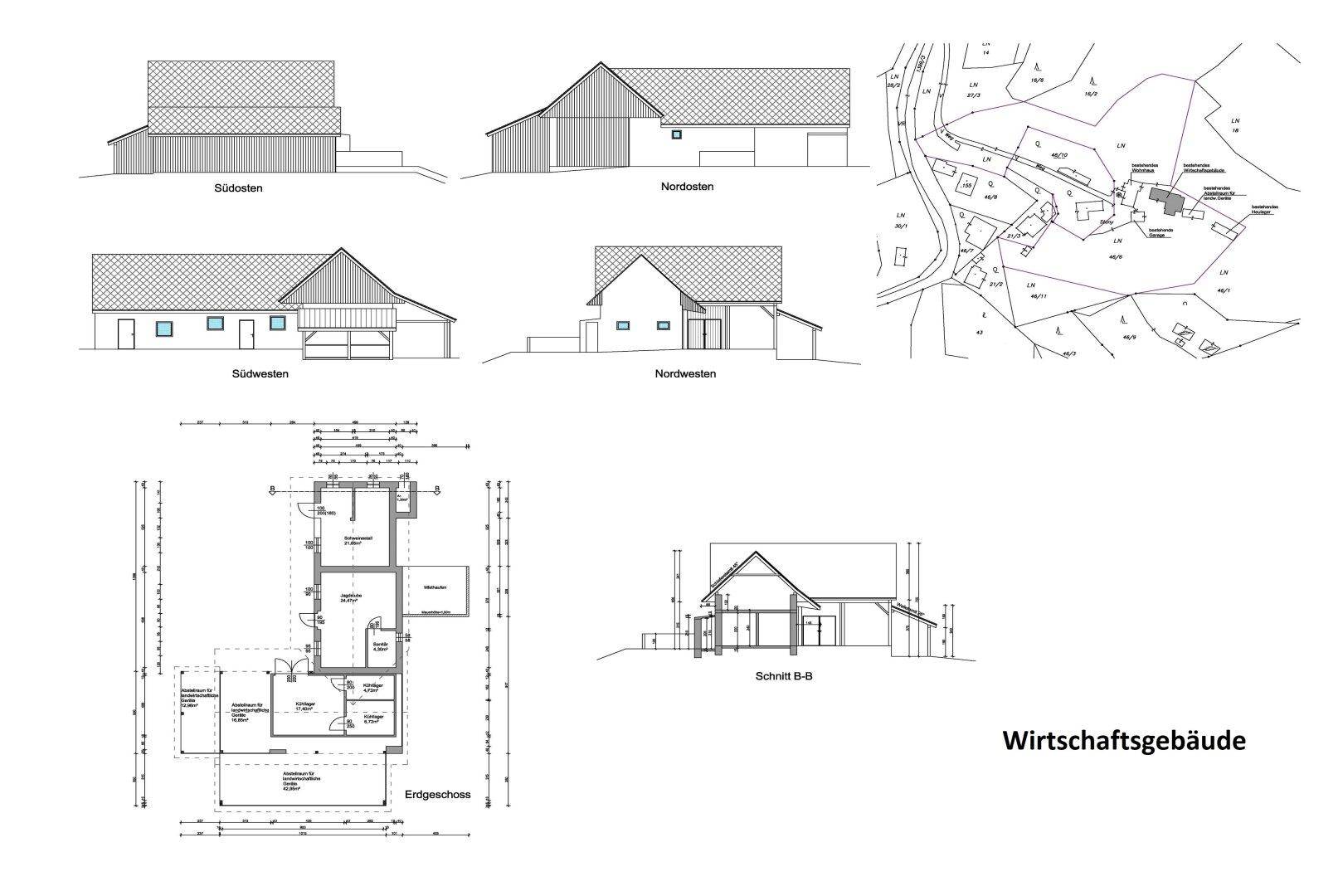 Grundrisse und Ansichten eines Wirtschaftsgebäudes mit Erdgeschoss und Schnitt.