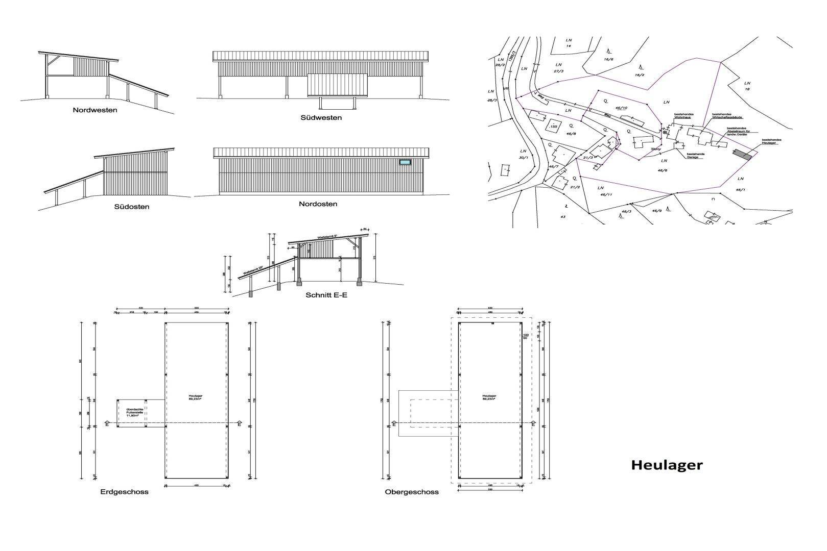 Grundrisse und Ansichten eines Heulagers mit Erd- und Obergeschoss.