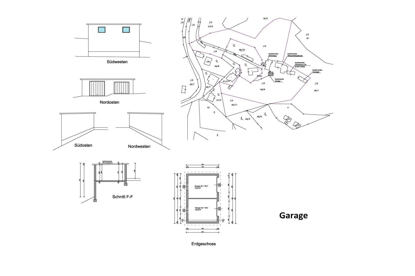 Grundrisse und Ansichten einer Garage mit Erdgeschoss und Schnitt.
