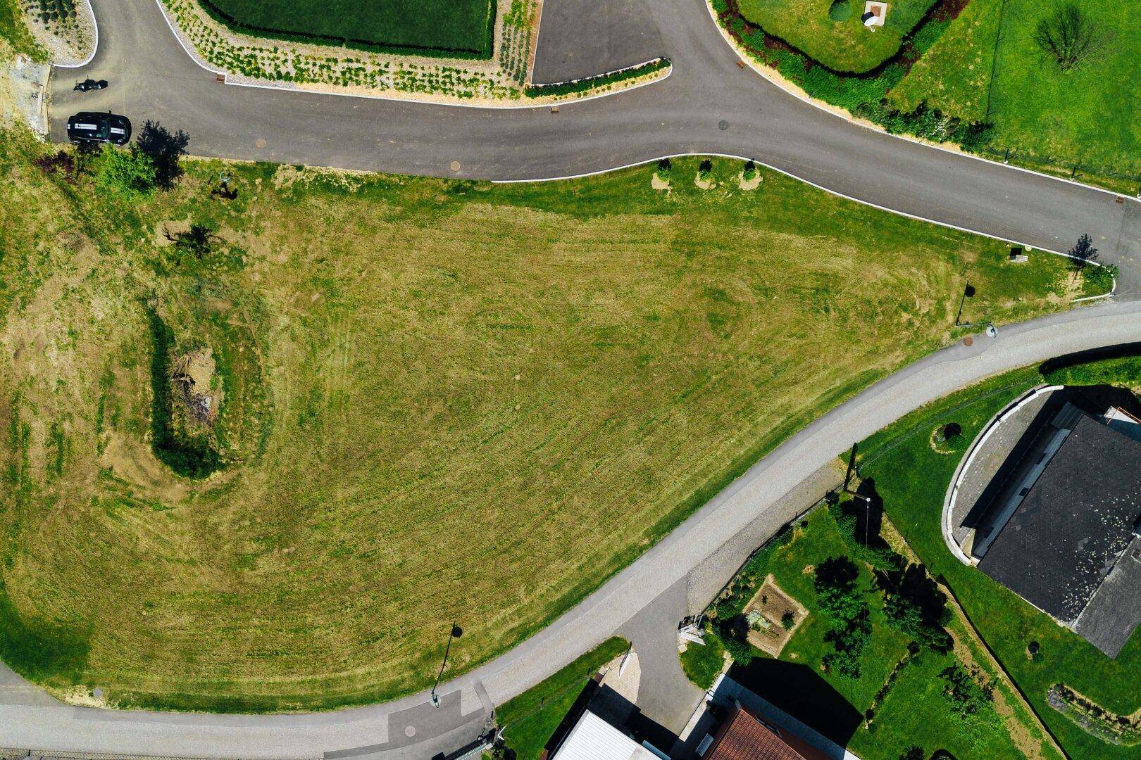 Senkrechte Luftaufnahme eines grünen Grundstücks umgeben von Straßen und angrenzenden Wohnhäusern.
