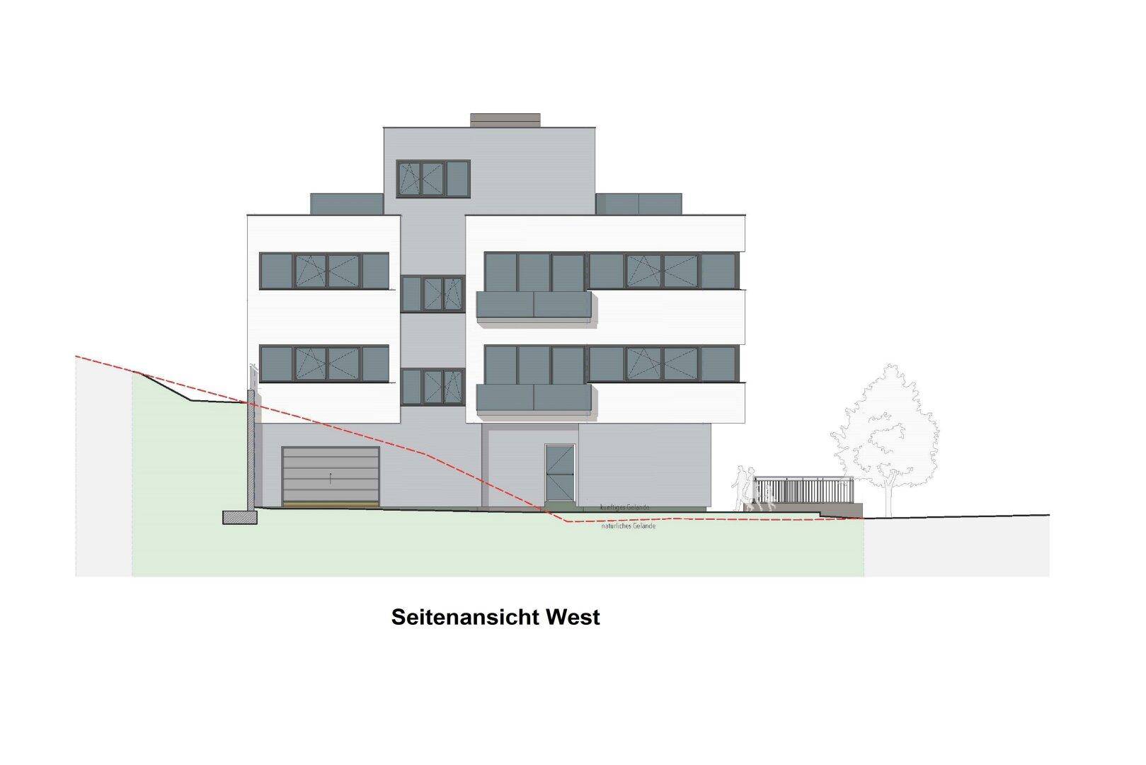 Eine Seitenansicht (West) des Bürokomplexes mit Garagentor und weiteren Balkonen.