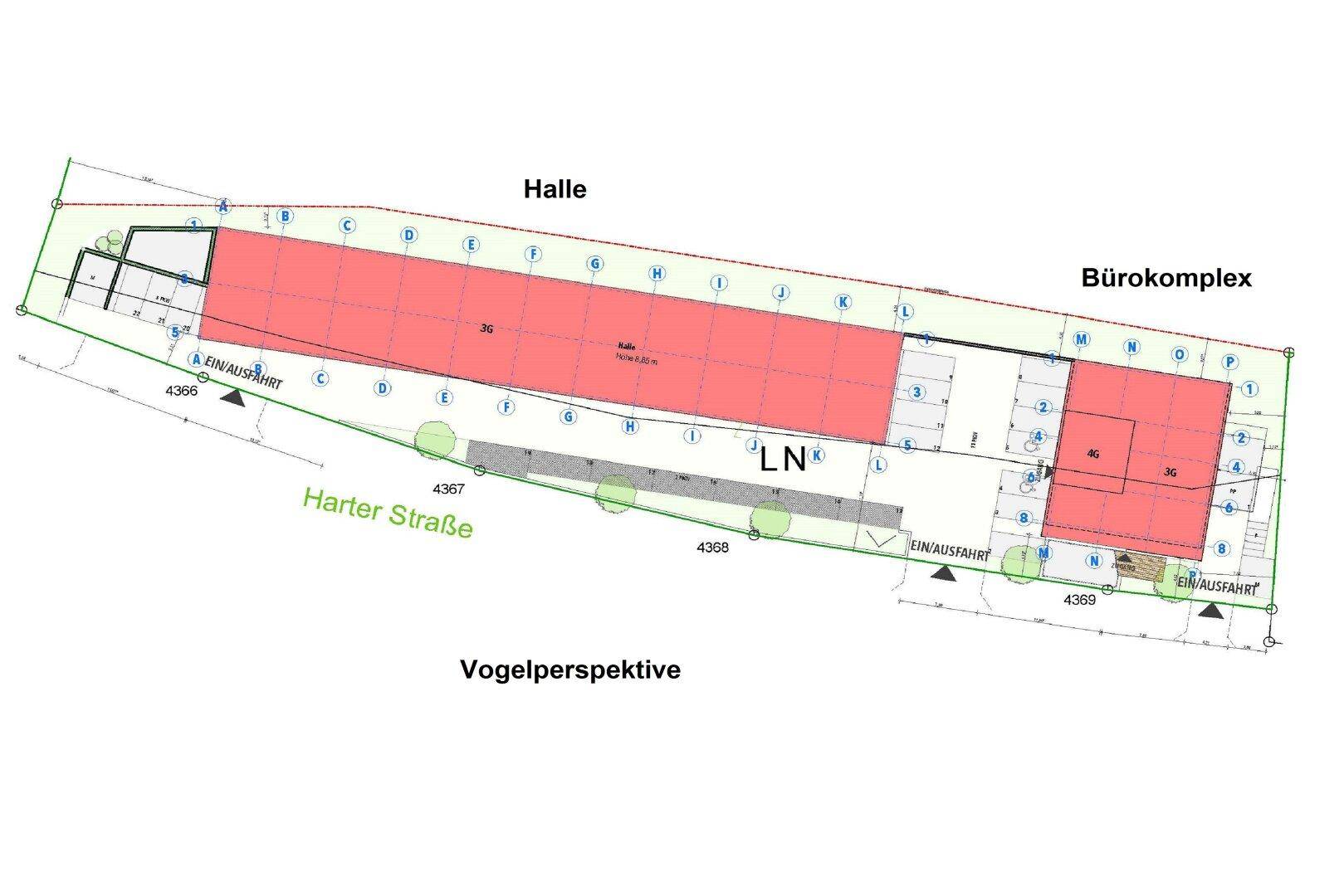 Ein Lageplan aus der Vogelperspektive, der den Bürokomplex und die Halle mit Zufahrten zeigt.