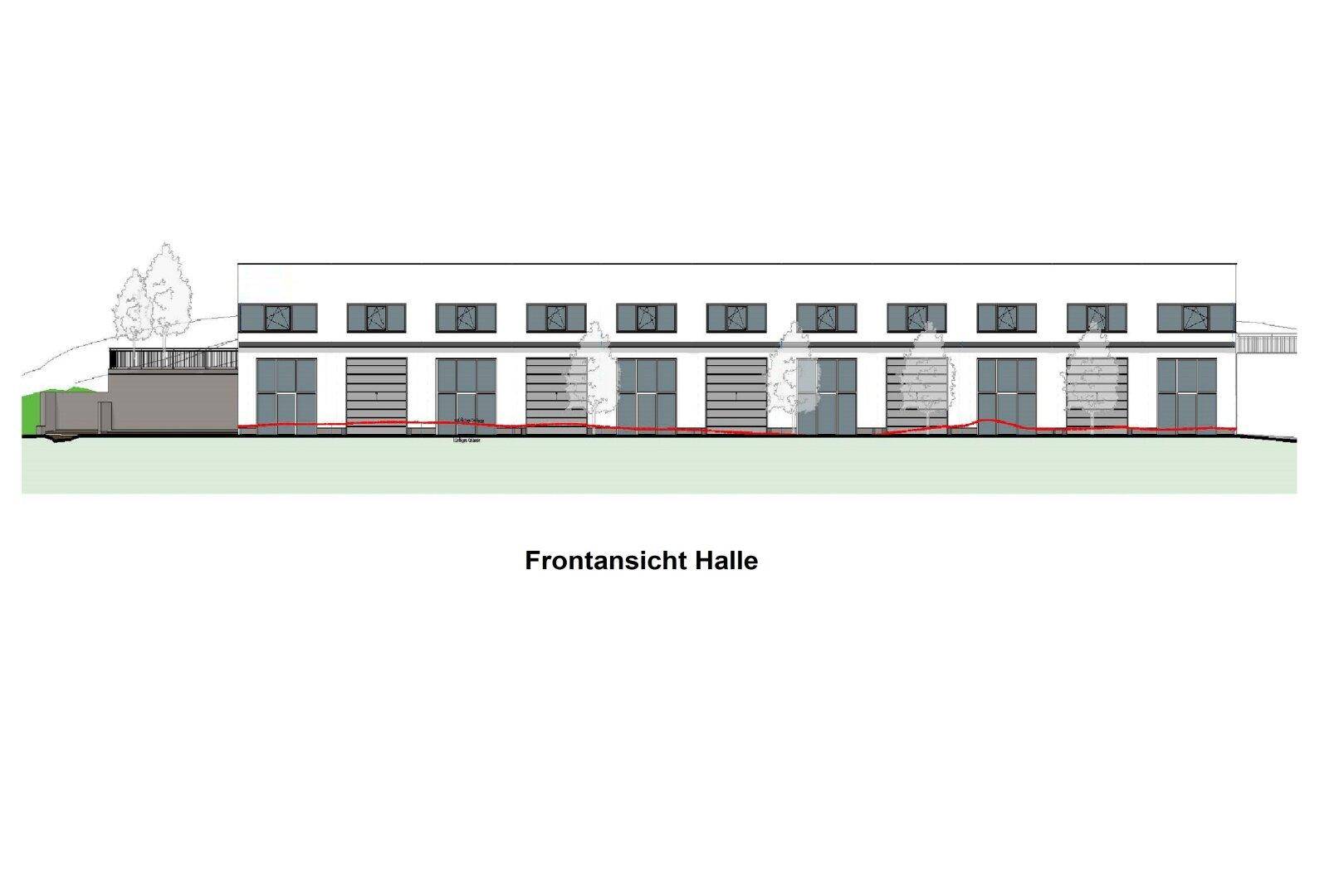 Eine Frontansicht der Halle mit mehreren Rolltoren und Fenstern im oberen Bereich.