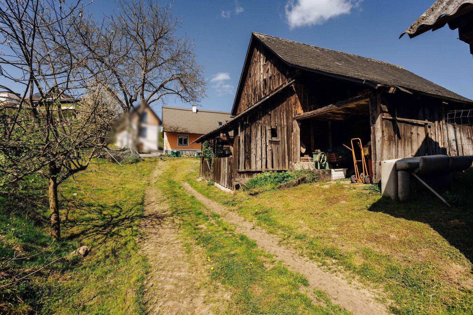 Rustikale Holzscheune mit einem Feldweg, umgeben von grüner Vegetation und einem Baum.