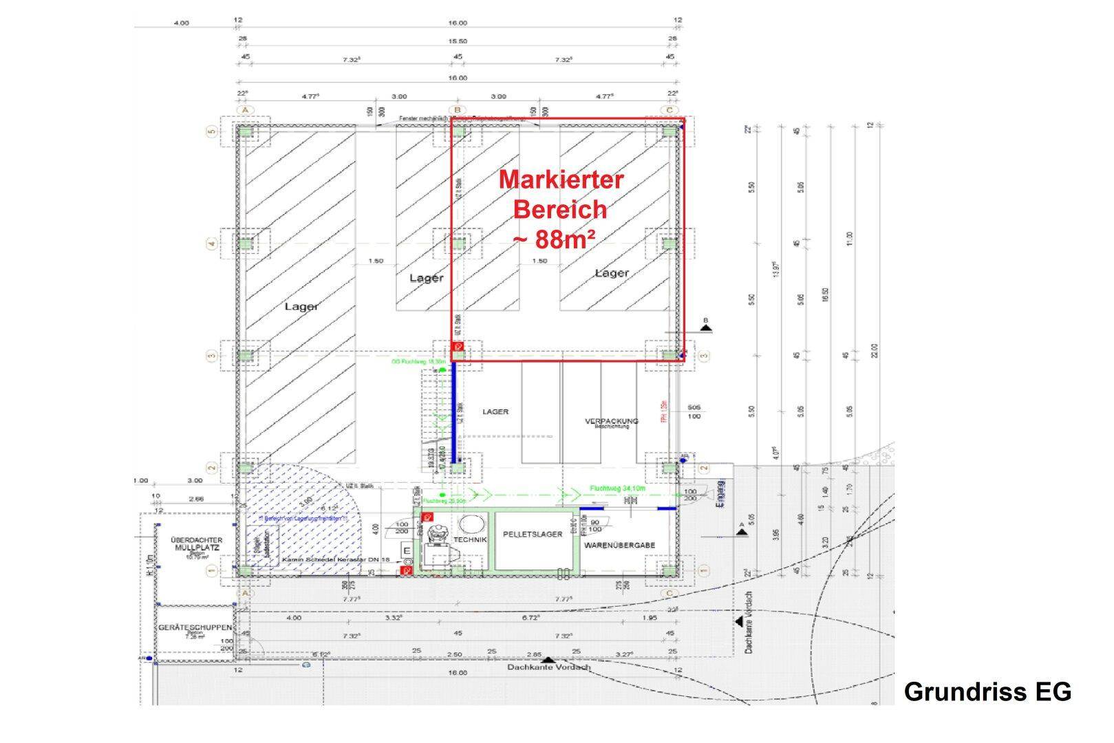 Grundriss des Erdgeschosses mit markiertem Bereich von ca. 88m² für Lager und Technik.