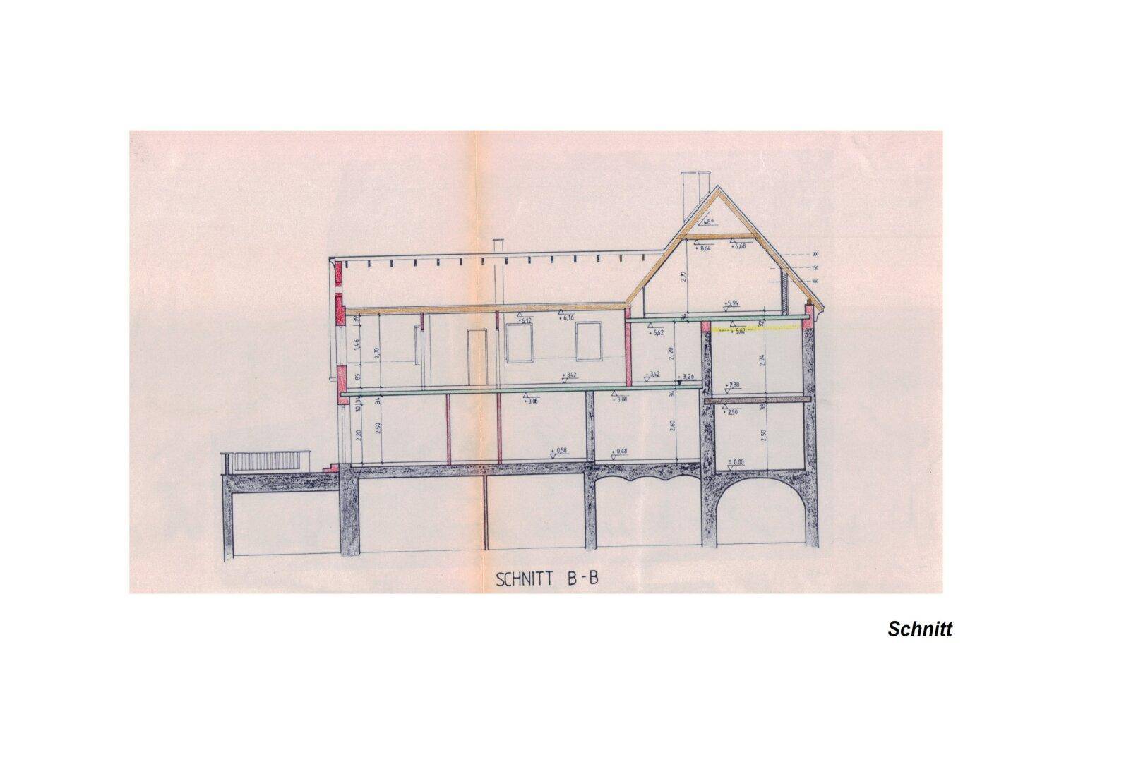 Architektonischer Schnitt des Gebäudes zeigt die vertikale Struktur und Geschosse.