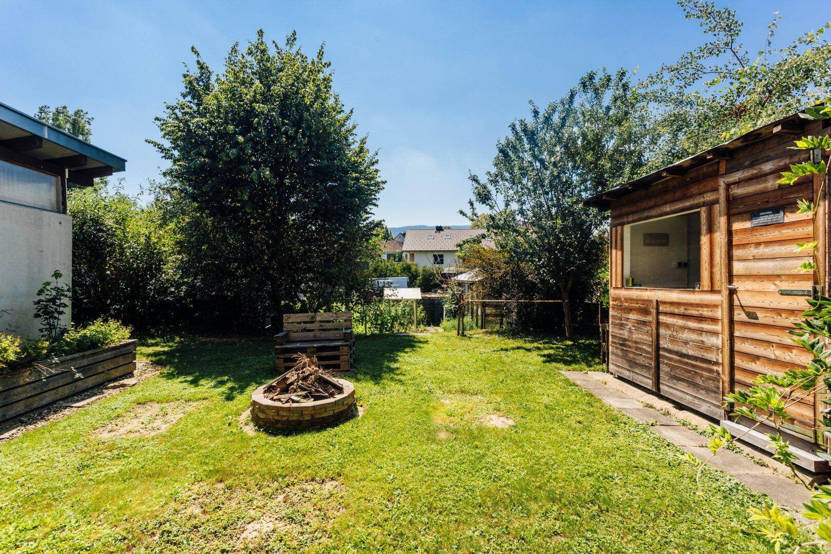 Sonniger Garten mit Rasenfläche, Feuerstelle und einem rustikalen Holzschuppen.