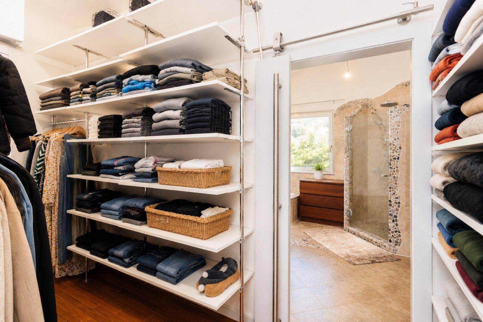 Begehbarer Kleiderschrank mit Regalsystem und direktem Zugang zum Badezimmer.