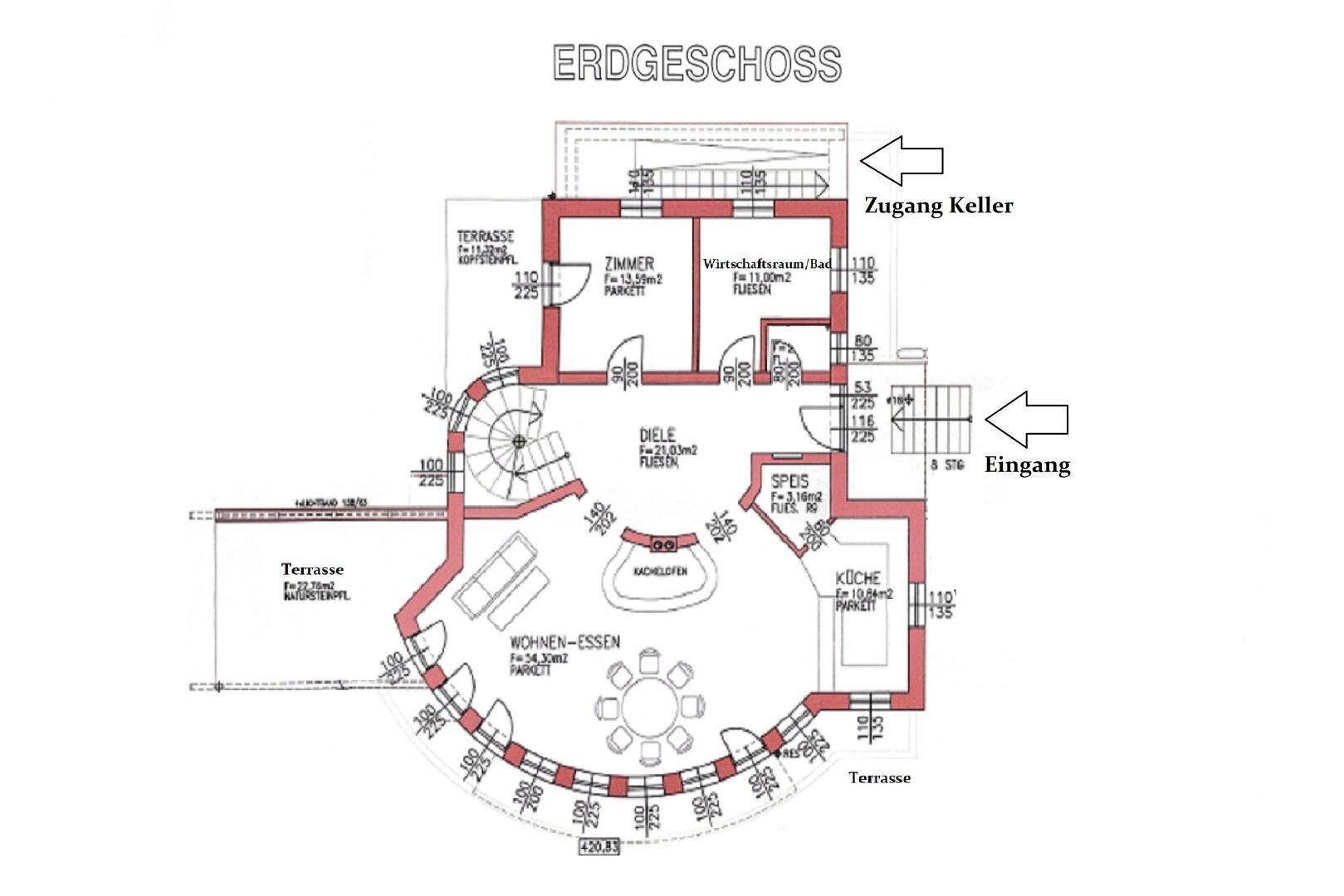 Grundriss des Erdgeschosses mit Wohn-Essbereich, Küche, Terrasse und Zugang zum Keller.