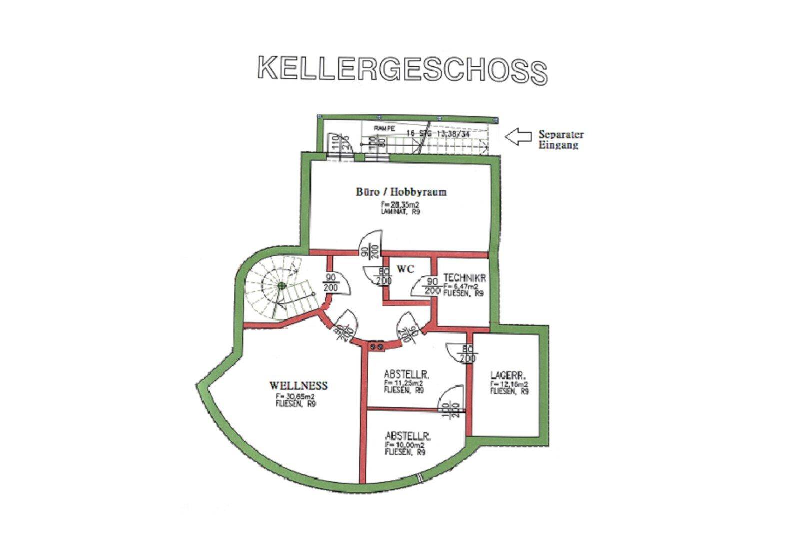 Grundriss des Kellergeschosses mit Büro, Hobbyraum, Wellnessbereich, Abstellräumen und separatem Eingang.