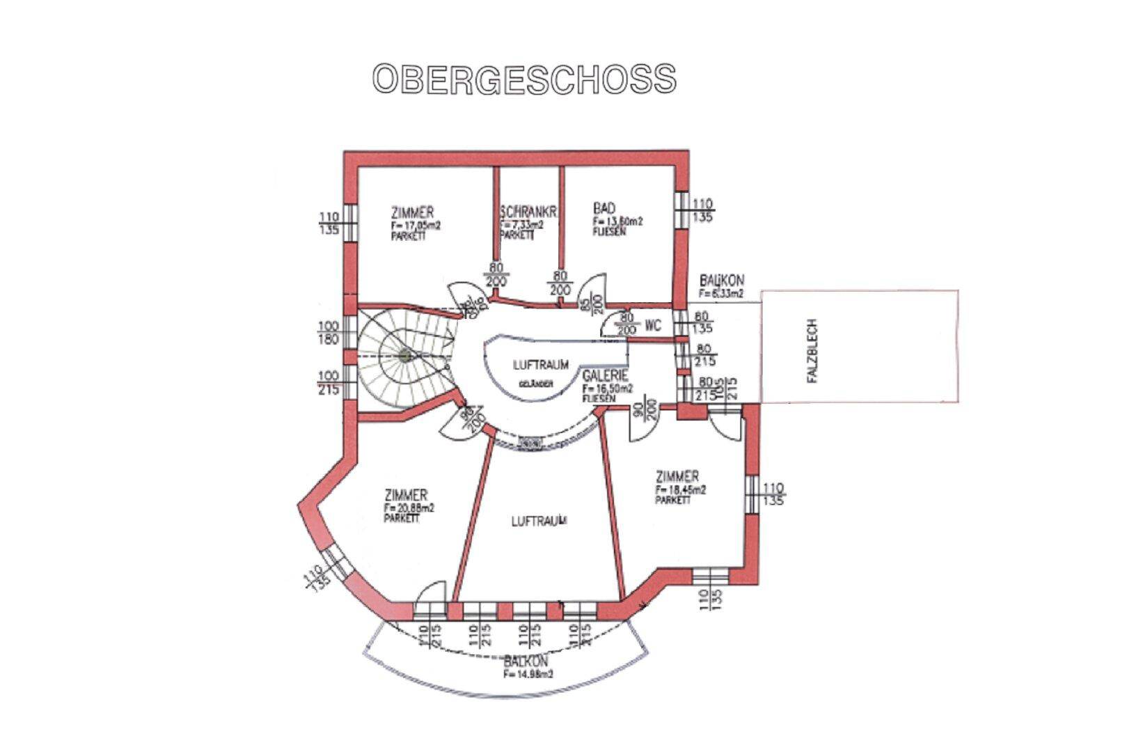 Grundriss des Obergeschosses mit Schlafzimmern, Bädern, Balkonen und einer Galerie mit Luftraum.