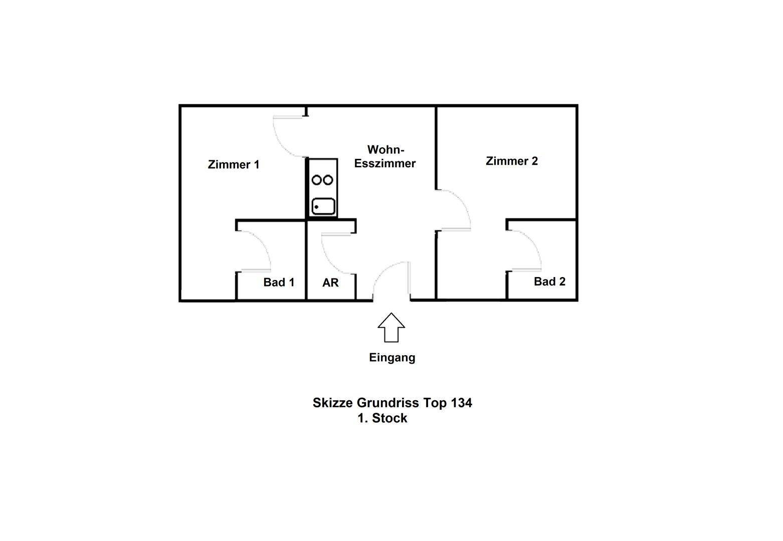Grundriss-Skizze einer Wohnung mit zwei Zimmern, offenem Wohn-Essbereich und zwei Bädern.