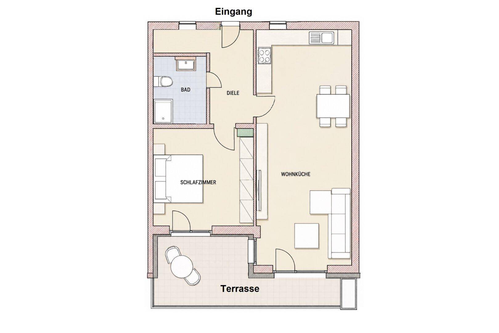 Grundriss einer Wohnung mit offener Wohnküche, Schlafzimmer, Bad und Terrasse.