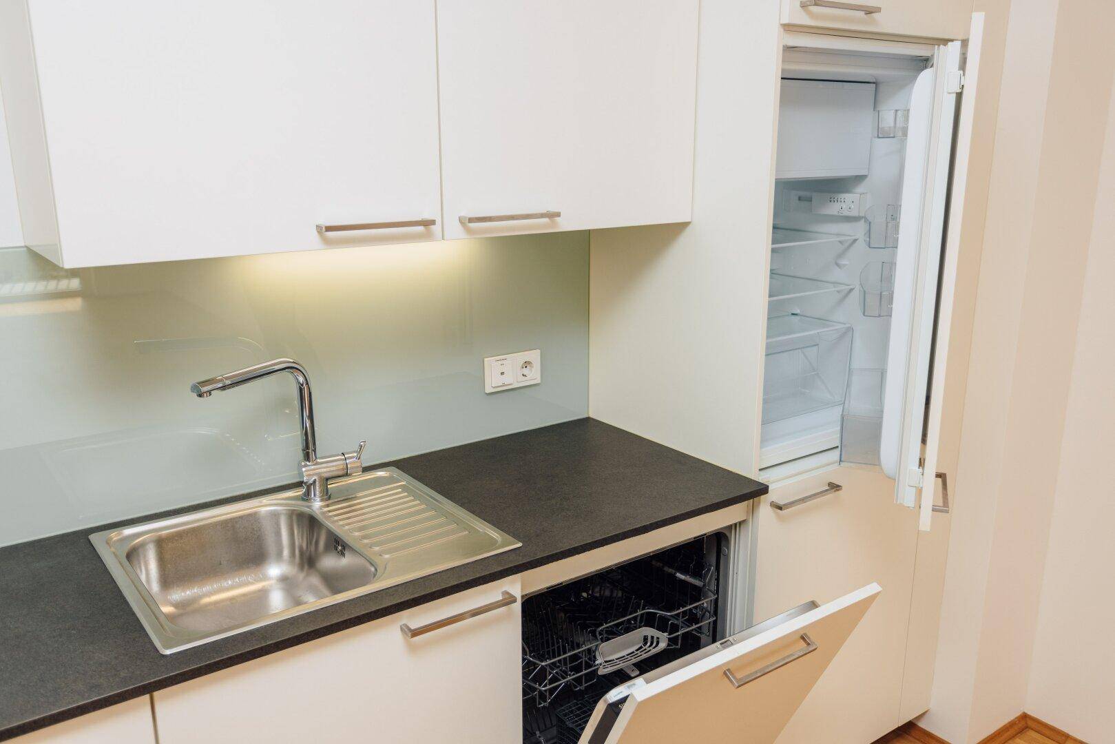 Detailansicht einer modernen Küche mit Spüle, Geschirrspüler und integriertem Kühlschrank für Komfort.