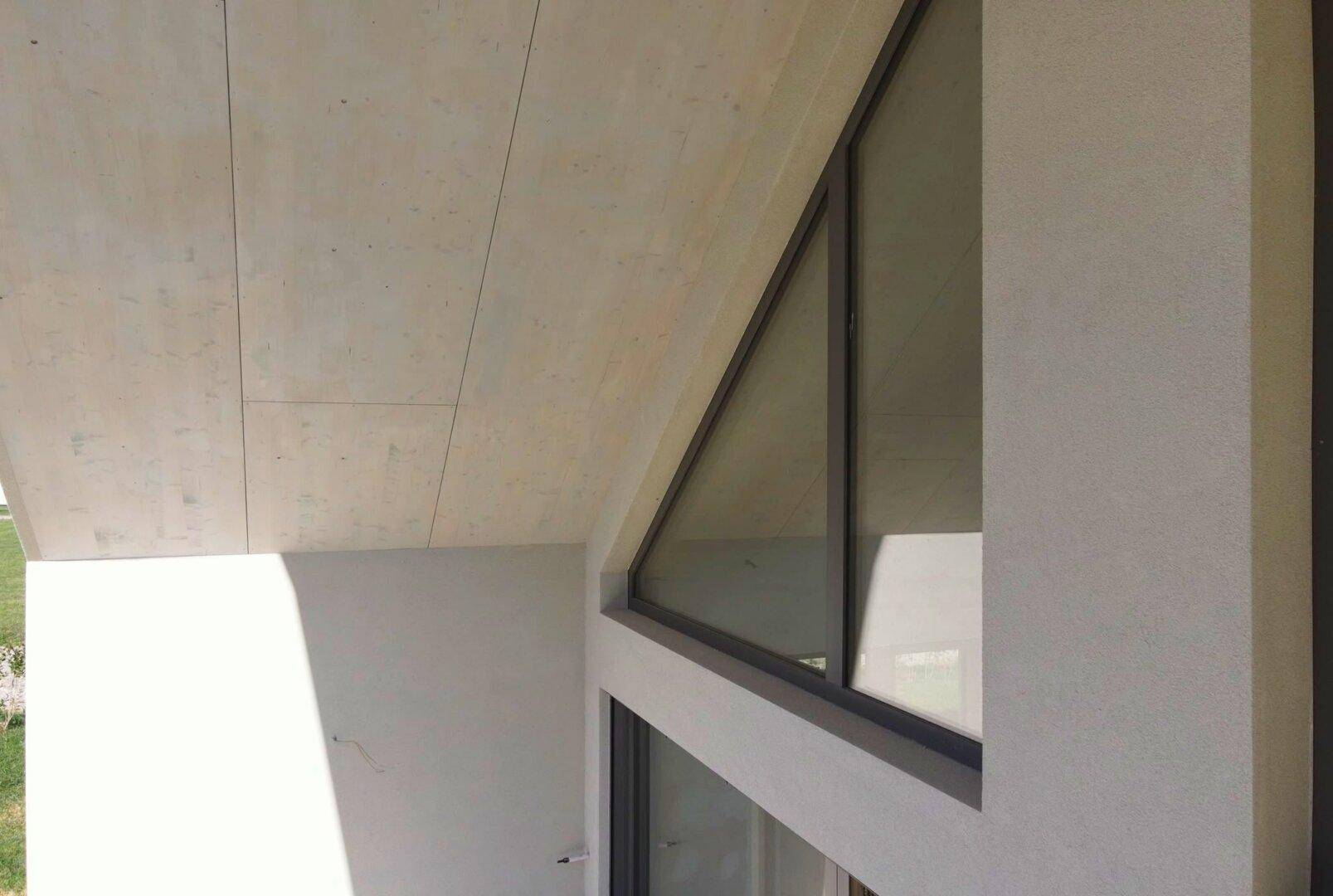 Detailansicht der modernen Fassade mit markantem Giebelfenster und sauberer architektonischer Linienführung.
