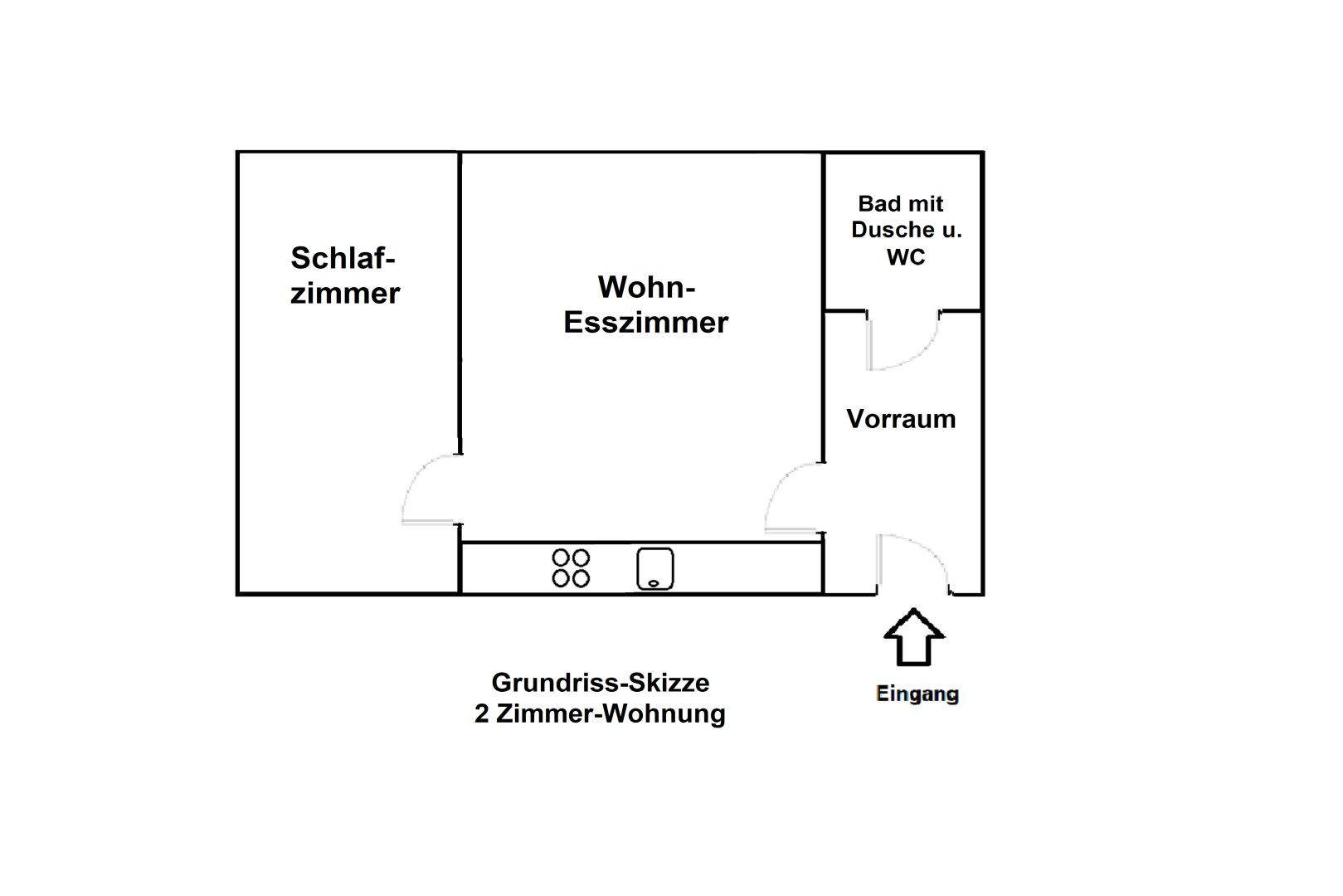Einfache Grundriss-Skizze einer 2-Zimmer-Wohnung mit Wohn-Esszimmer und Bad.