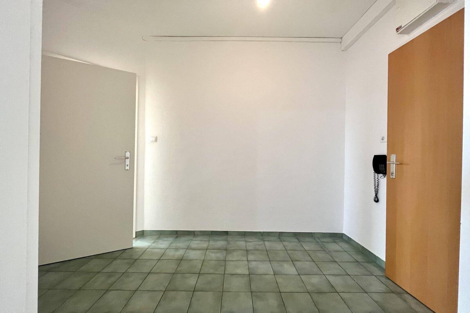 Eingangsbereich oder Flur mit grünem Fliesenboden und zwei Holztüren.