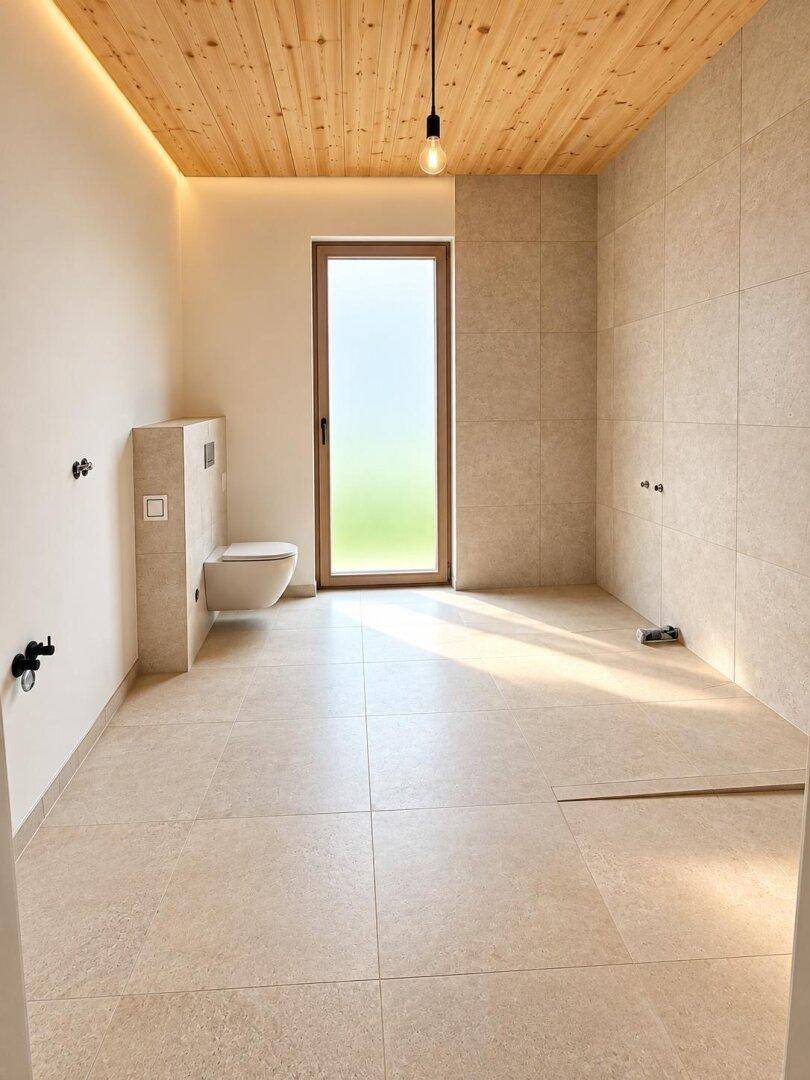 Modernes Badezimmer mit hellen Fliesen, wandhängendem WC und bodengleicher Dusche.