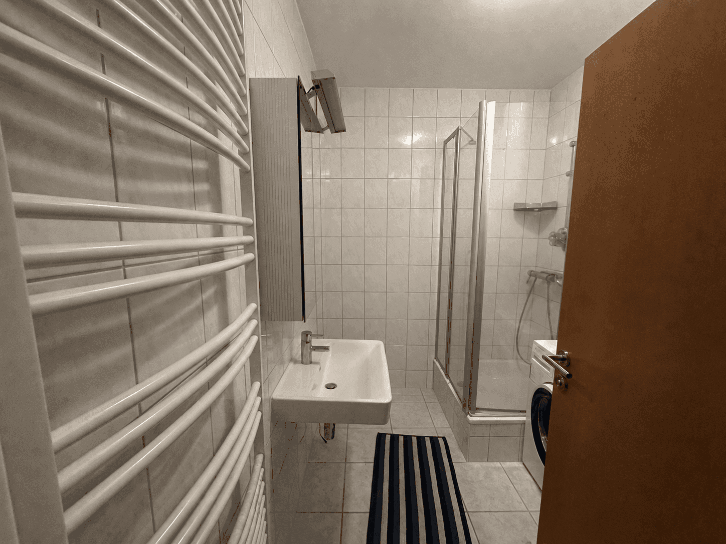 Funktionales Badezimmer mit Dusche, Waschbecken, Spiegelschrank und einem beheizten Handtuchhalter.