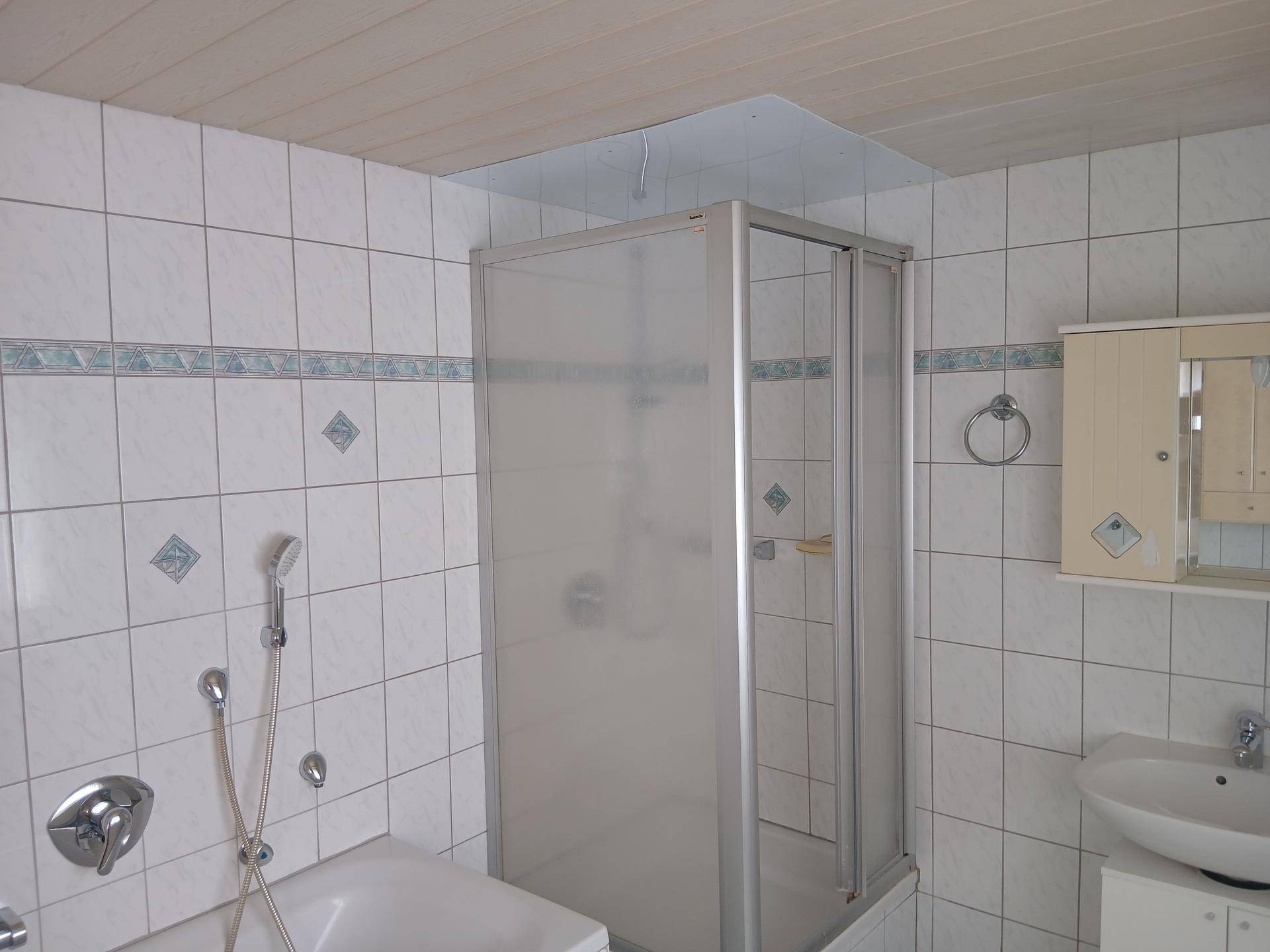 Duschkabine und Badewanne im Badezimmer mit weißen Wandfliesen.