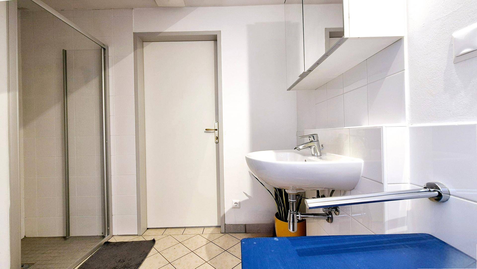 Helles Badezimmer mit Duschkabine, Waschbecken und weißen Fliesen an den Wänden.
